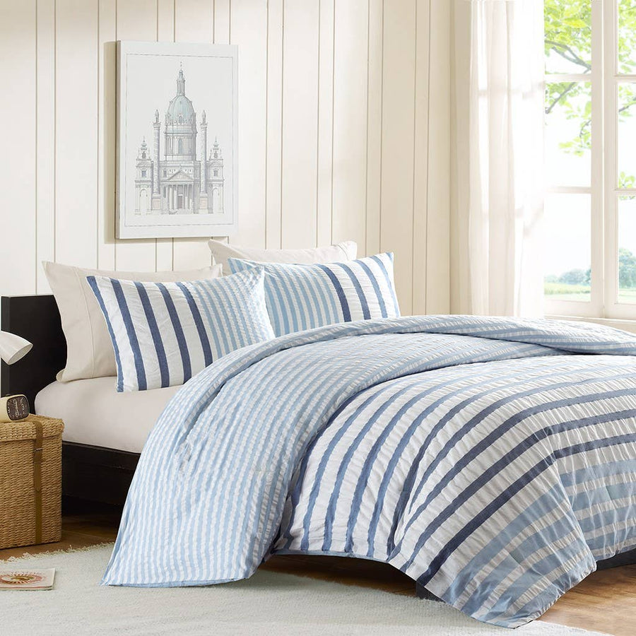 Seersucker Stripes 3-Piece Comforter/Duvet Cover Set (Full/Queen, Blue)